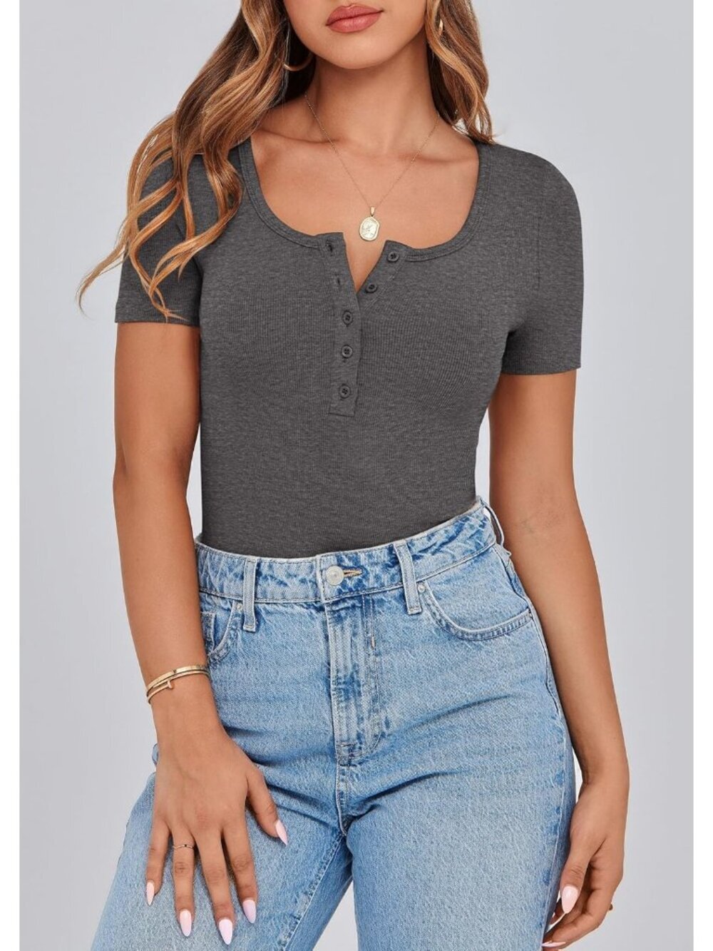 Women's Charcoal Short Sleeve Ribbed Henley Button Slim Fit Casual T Shirts - Picture 6 of 6